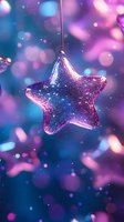 Magical glowing star ornament with sparkles against dreamy purple and blue bokeh background, creating ethereal holiday atmosphere for festive designs.