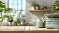 Wooden table with stacked soft towels, decorative candle and diffuser in bright bathroom with plants and natural light. Spa-like atmosphere.