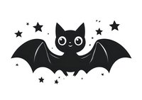 Cute black bat with big eyes and stars around it on white isolated background. Ready for Halloween designs, stickers, and greeting cards.