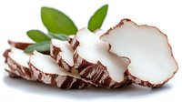 Fresh coconut slices with green leaves isolated on white background for healthy food and tropical ingredient designs.