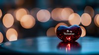 Red heart-shaped glass ornament with "Be my Valentine" text against blurred bokeh lights background creating romantic mood for Valentine's Day celebration.