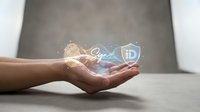 Hands holding digital security hologram with fingerprint and shield icons, representing biometric authentication and data protection technology for cybersecurity solutions.