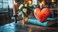 Red heart on vintage book with glowing candle in romantic evening setting, soft bokeh lights create cozy atmosphere for Valentine's day or love concept.