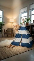 Ginger cat peeking from blue and white striped pet teepee in modern living room with floor lamp, armchair, plants and natural light from windows. For pet products and home decor.