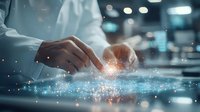 Digital transformation concept with Asian businessman hands touching virtual interface displaying data analytics and glowing network connections.