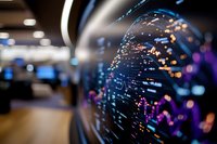 Glowing fiber optic strands with colorful bokeh lights create futuristic technology atmosphere against blurred office background, showcasing digital connectivity.