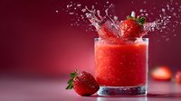 Fresh strawberry smoothie splash with ripe berry and water drops on dark red background, cold summer drink with dynamic motion effect.
