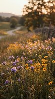 Wildflowers blooming in golden sunset light with blurred countryside landscape background creating warm atmospheric mood for nature and seasonal content.