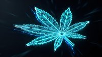 Glowing neon cannabis leaf with electric blue light effects on dark background. Digital art concept for medical marijuana, hemp industry and botanical designs.