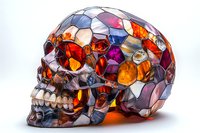 Decorative crystal skull with colorful stained glass mosaic pattern in red, purple, and orange tones illuminated from within, creating dramatic light effects.