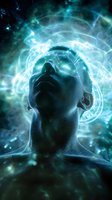 Glowing cyan figure with head tilted back surrounded by mystical energy circles and ethereal light effects against dark background, creating supernatural atmosphere.