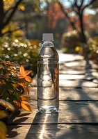 Clear plastic water bottle on wooden deck surrounded by autumn leaves and bokeh sunlight, perfect for healthy lifestyle and environmental awareness campaigns.