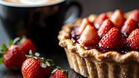 Fresh strawberry tart with golden brown crust and chocolate ganache filling on dark background, selective focus on ripe red berries and flaky pastry edge.
