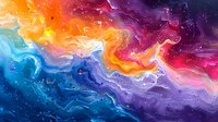 Vibrant cosmic nebula with swirling orange, blue and purple clouds against starry space background, fluid art style abstract galaxy pattern for wall decor.