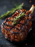Juicy grilled lamb chop with rosemary sprig on dark background, gourmet meat dish with caramelized crust and herb garnish.