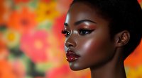 Young African woman with flawless glowing skin, dramatic makeup, red glossy lips and winged eyeliner in profile against vibrant floral background, beauty portrait showcasing natural elegance.