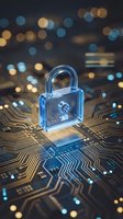 Transparent glass padlock on circuit board with bokeh lights representing cybersecurity data protection and digital privacy technology concept.