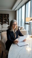 Mature businesswoman with gray hair and glasses reading documents at marble table in modern office with city view for professional consulting work.