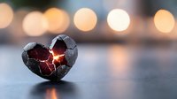Cracked stone heart with glowing red light inside on blurred bokeh background symbolizing healing, love renewal, and emotional transformation.