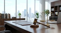 Modern law office desk with wooden gavel, scales of justice, legal documents and laptop computer overlooking city skyline through large windows.