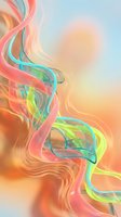 Abstract flowing ribbons in vibrant coral, turquoise and lime green colors creating dynamic swirls on soft gradient background for modern design projects.