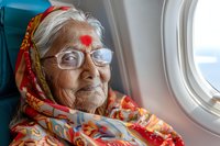 Elderly Indian woman with traditional bindi and colorful sari headscarf gazing thoughtfully through airplane window during flight, wearing glasses and showing peaceful expression.