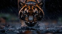 Fierce Bengal tiger with piercing blue eyes crouching in water during rainfall, dramatic close-up portrait showing predatory intensity and wild nature.