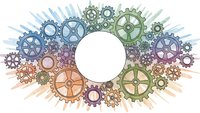 Colorful mechanical gears and cogs arrangement with white circle center space for text on transparent background. Industrial steampunk design element.