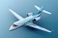 Private luxury business jet with white and turquoise livery flying in blue sky. Modern twin-engine aircraft design showcases elegant corporate transportation.