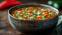 Hearty vegetable lentil soup with fresh herbs in rustic ceramic bowl, healthy comfort food for restaurant menus and cooking blogs.