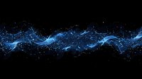 Abstract blue glowing wave with particles and light effects on black background, dynamic energy flow visualization for technology and science designs.