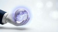 Businessman hand holding glowing sphere with rotating gears and cogs, representing technology, innovation, and industrial solutions for business growth.