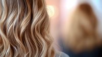 Closeup of blonde wavy hair with soft highlights and natural texture showing professional hairstyling technique against blurred background. Modern balayage coloring.