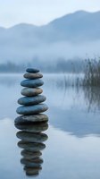 Zen stone stack balanced on calm lake water with misty mountains and reeds creating peaceful meditation atmosphere for wellness and mindfulness concepts.