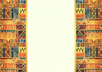 Colorful African tribal geometric border frame with ethnic patterns in red, orange, gold, and blue on cream background with copy space.