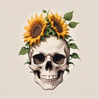 Anatomical skull decorated with bright sunflowers and green leaves on beige background, gothic romantic style illustration for apparel design and wall art.