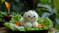 Cute bunny-shaped rice ball with nori ears and kawaii face sits on fresh lettuce bed with carrot garnish, creative Asian food art for children's lunch.