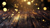 Rustic wooden surface with magical golden bokeh lights floating above, creating dreamy atmospheric backdrop for holiday designs and festive celebrations.