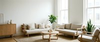 Bright living room with wooden furniture, beige sofa, armchair, coffee table, potted plants, and natural light from windows for home decor and interior design projects.