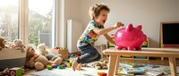 Young boy with blonde hair, approximately 3-5 years old, playing with a pink piggy bank in a bright, sunlit playroom filled with toys and wooden furniture, learning about saving money and financial literacy.