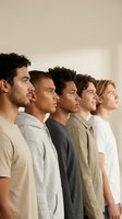 Group of five diverse men standing in profile against neutral background wearing casual t-shirts and button-up shirts in neutral tones. Suitable for diversity, teamwork, and lifestyle marketing campaigns.