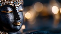 Serene Buddha statue head with ornate crown against warm bokeh lights background for meditation and spiritual wellness concepts.