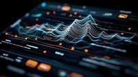 Digital audio waves visualization on dark screen with orange control buttons and interface elements, modern sound engineering equipment for music production.