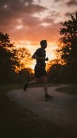 Male runner jogging on path at sunset with golden sky and silhouetted trees, athletic man exercising outdoors during golden hour for fitness and wellness content.