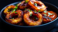Golden crispy onion rings with herbs served in cast iron skillet with dipping sauce for restaurant menu and comfort food advertising.