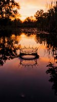 Water droplet crown splashing in serene wetland at golden sunset, with reed reflections creating symmetrical ripples on calm surface for nature and environmental concepts.