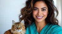 Young Hispanic woman veterinarian in teal scrubs smiling with fluffy orange tabby cat in modern clinic setting for pet care and animal health concepts.