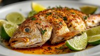 Grilled whole fish seasoned with herbs and spices, garnished with fresh lime wedges on white plate. Perfect for restaurant menus and culinary content.