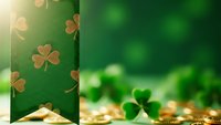 Green shamrock pattern with golden coins and clover leaves on blurred background for St Patricks Day celebration and Irish holiday decorations.