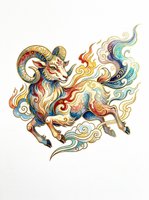 Ornate ram with flowing mane and decorative swirls in gold, red, blue and cream tones, isolated on transparent background, ready for t-shirts, stickers, sublimation and print-on-demand designs.